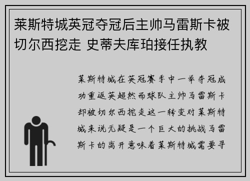 莱斯特城英冠夺冠后主帅马雷斯卡被切尔西挖走 史蒂夫库珀接任执教 莱斯特城英冠夺冠后主帅马雷斯卡被切尔西挖走 史蒂夫库珀接任执教